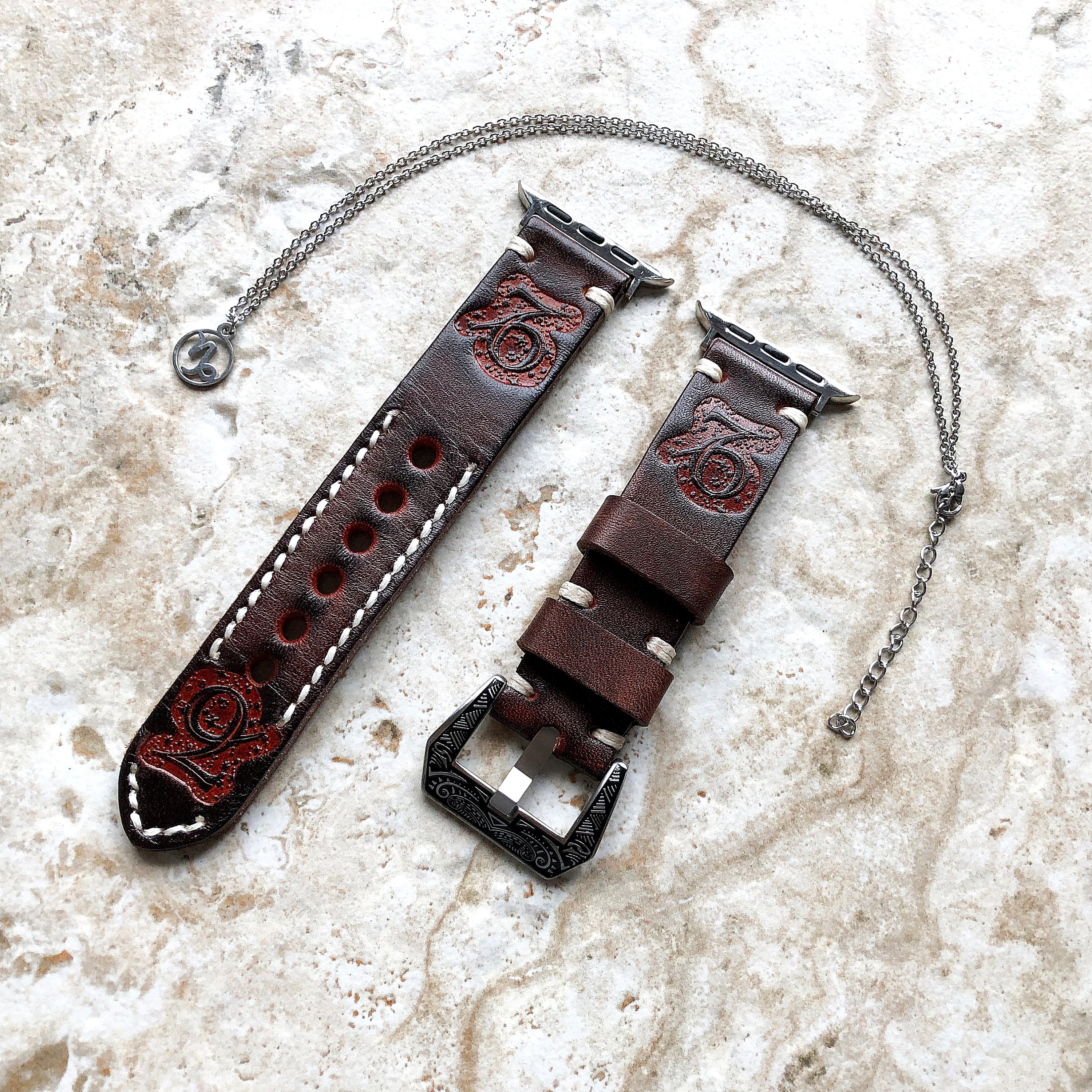 Apple Watch Capricorn Zodiac Band Set for Ultra 2 9 8 7 SE 6 5 4 3 2 1 38mm 40 41 42mm 44mm 45mm 49mm Brown Leather Embossed Strap Necklace